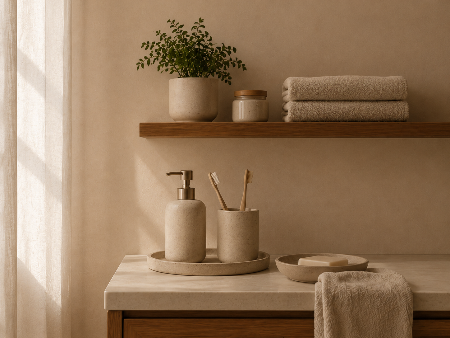 Bathroom shelf with soap dispenser, toothbrush holder, and towels
