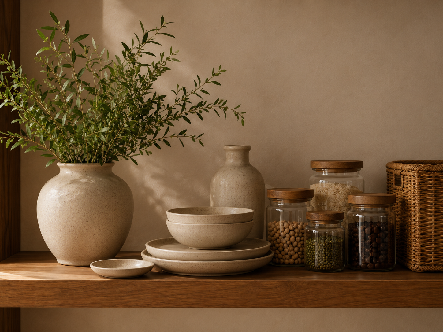 Shelf with ceramic dishes, vase, and pantry jars