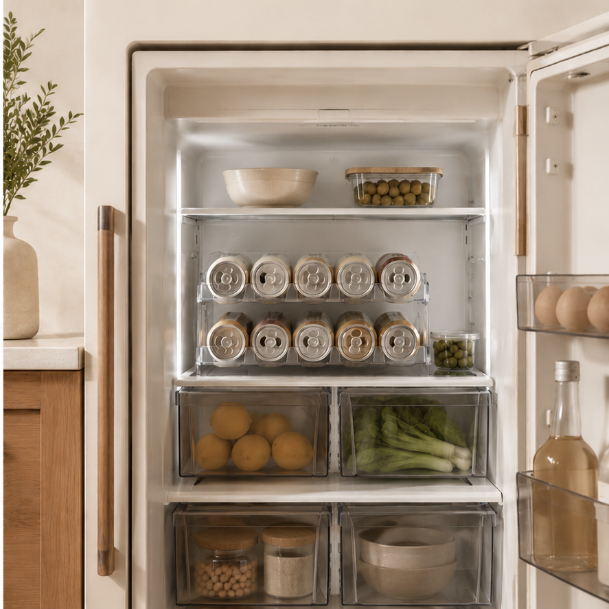 Organized fridge shelf with rolling can dispenser