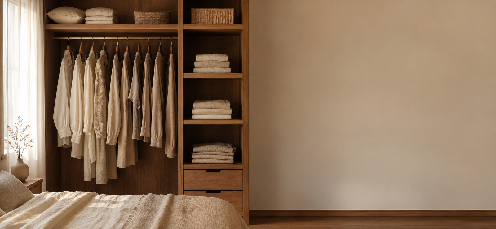 Closet organizado com roupas dobradas e cestos em tons neutros