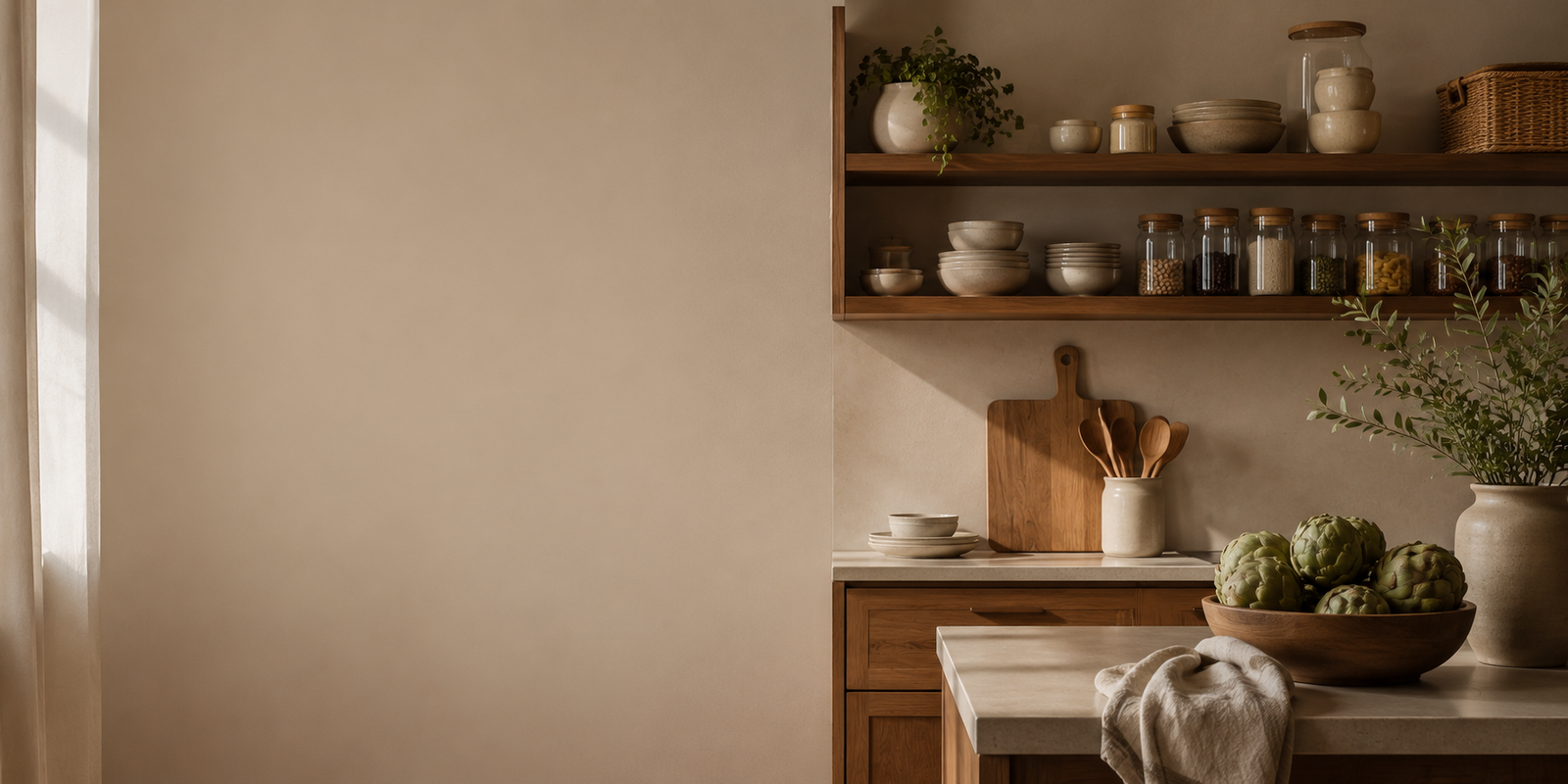 Organized kitchen shelves with ceramics and pantry jars
