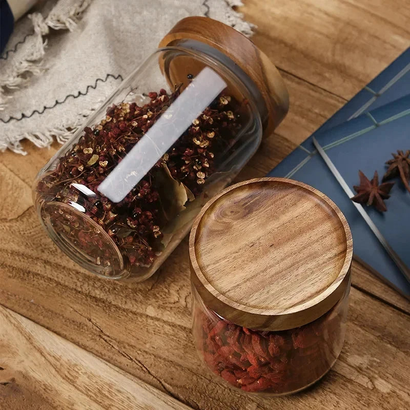 Glass Kitchen Canisters with Wood Lids — Airtight Storage Jars