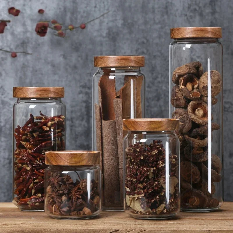 Glass Kitchen Canisters with Wood Lids — Airtight Storage Jars