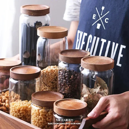 Glass Kitchen Canisters with Wood Lids — Airtight Storage Jars