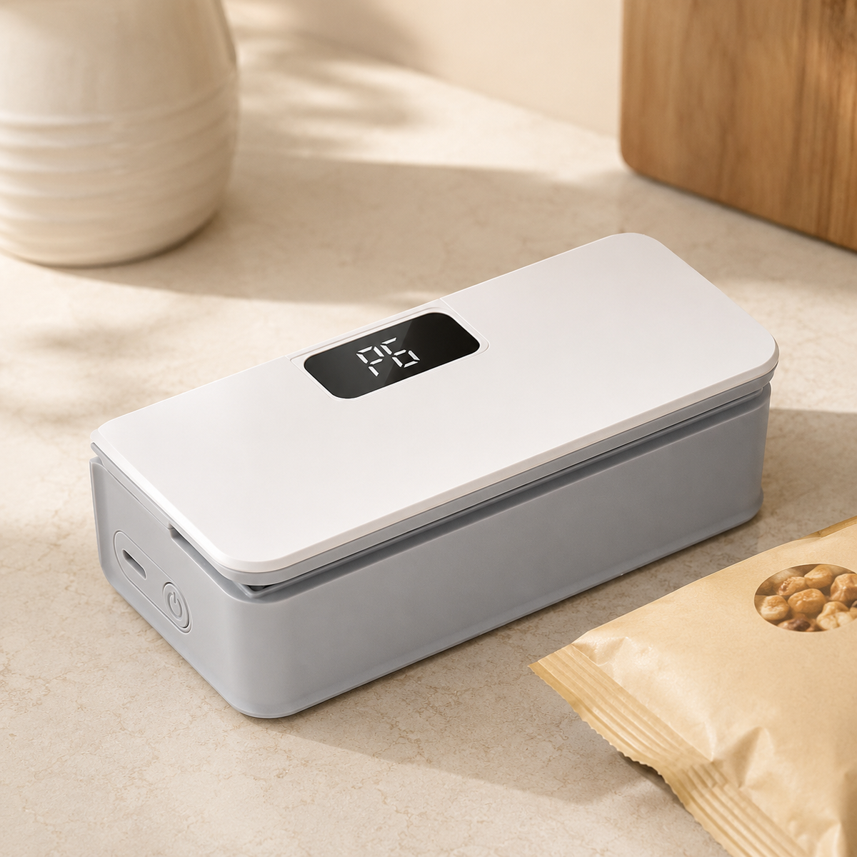 Mini rechargeable handheld bag sealer on a kitchen counter next to a snack bag