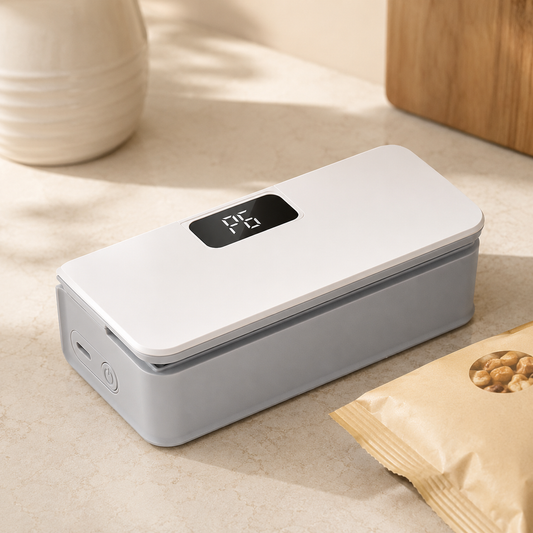 Mini rechargeable handheld bag sealer on a kitchen counter next to a snack bag