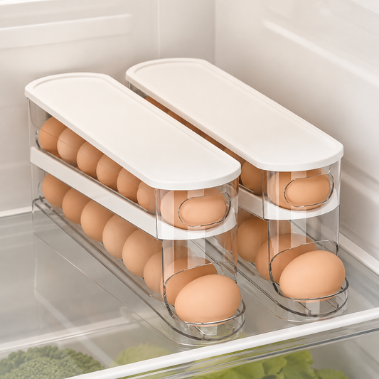 Rolling stackable egg storage boxes filled with eggs inside a refrigerator