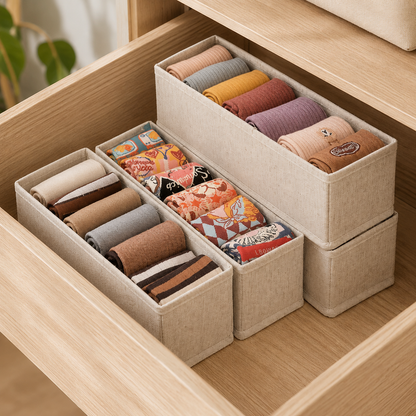 Fabric drawer organizer set with dividers holding rolled socks and clothes
