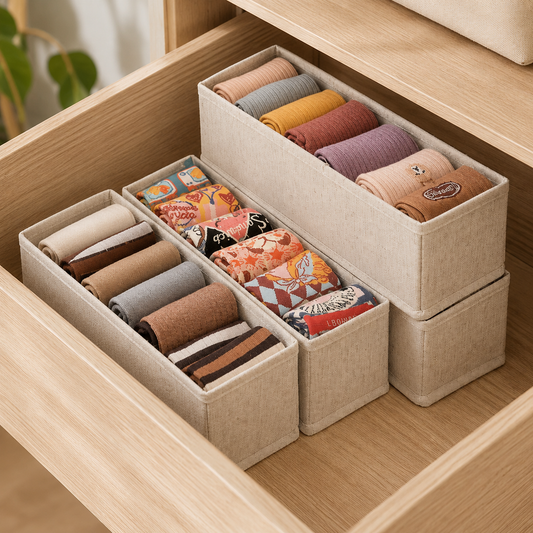 Fabric drawer organizer set with dividers holding rolled socks and clothes