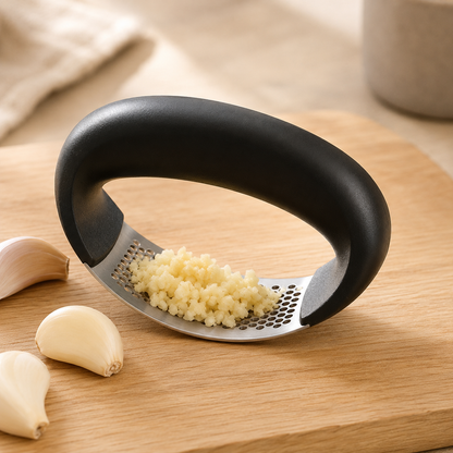 Stainless steel garlic rocker mincer on a wood cutting board with fresh garlic cloves