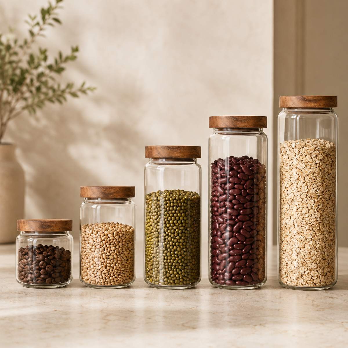 Set of glass kitchen canisters with wood lids filled with grains and beans