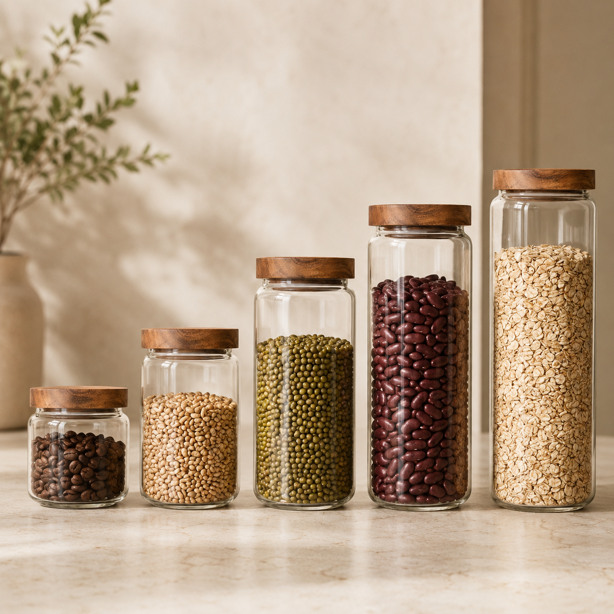 Set of glass kitchen canisters with wood lids filled with grains and beans