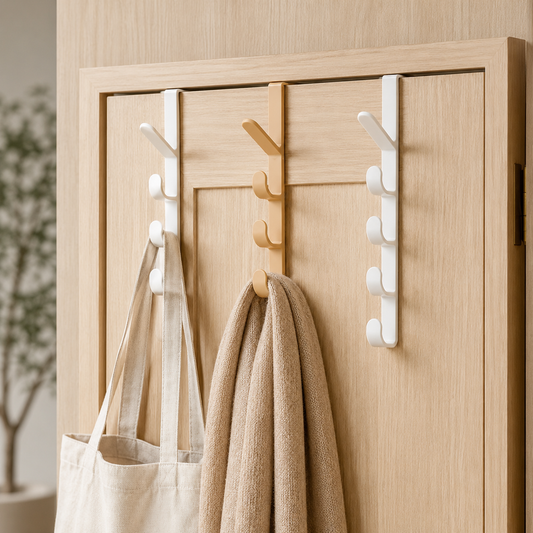 Over-the-door 5 hook organizer rack holding a tote bag and sweater