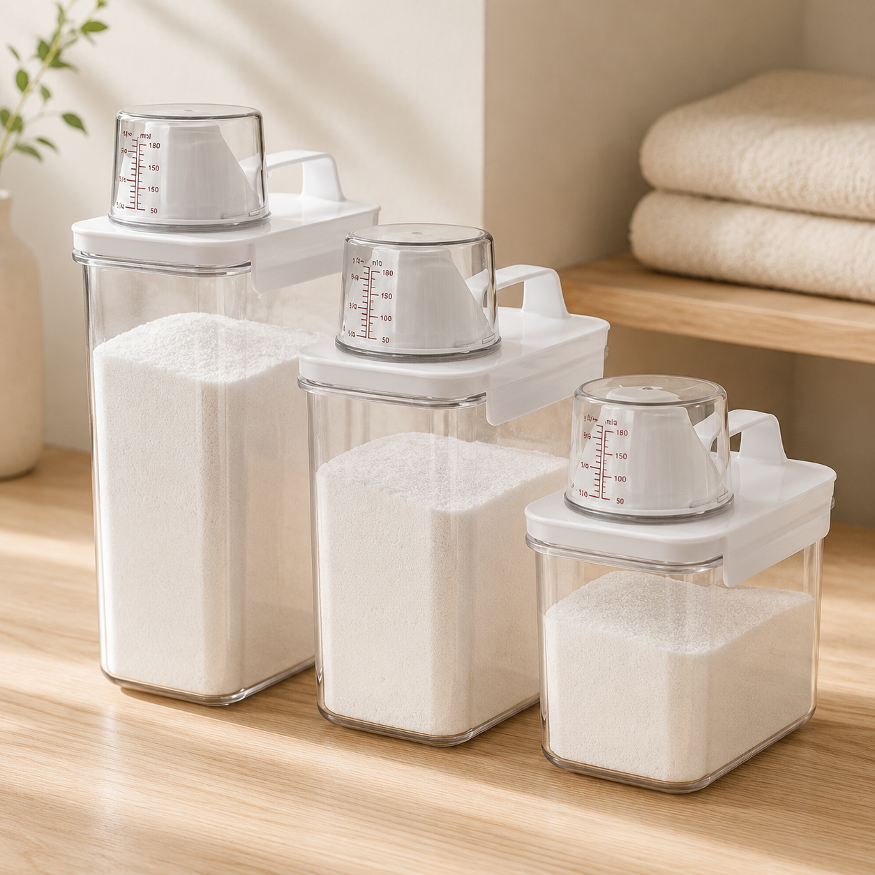 Airtight laundry detergent dispensers in three sizes filled with powder detergent