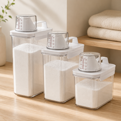Airtight laundry detergent dispensers in three sizes filled with powder detergent