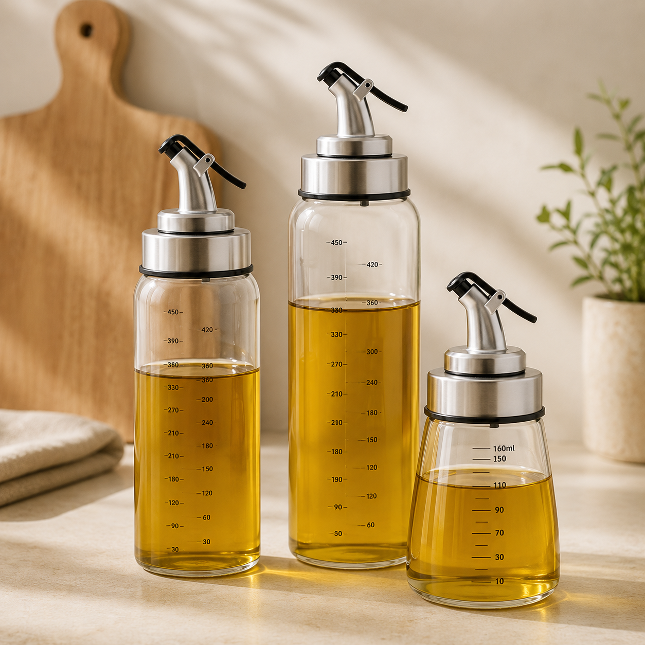 Glass oil dispenser bottles with steel pour spouts in three sizes on a kitchen counter