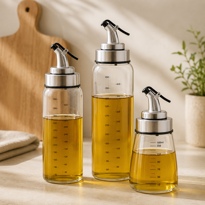 Glass oil dispenser bottles with steel pour spouts in three sizes on a kitchen counter