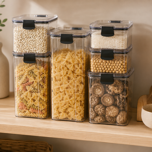 Airtight stackable pantry storage containers filled with pasta, grains, and dried mushrooms
