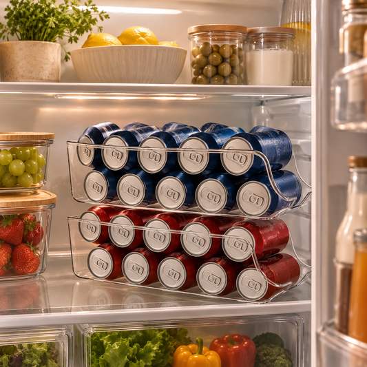 Automatic Rolling Refrigerator Can Organizer holding canned drinks inside an open fridge
