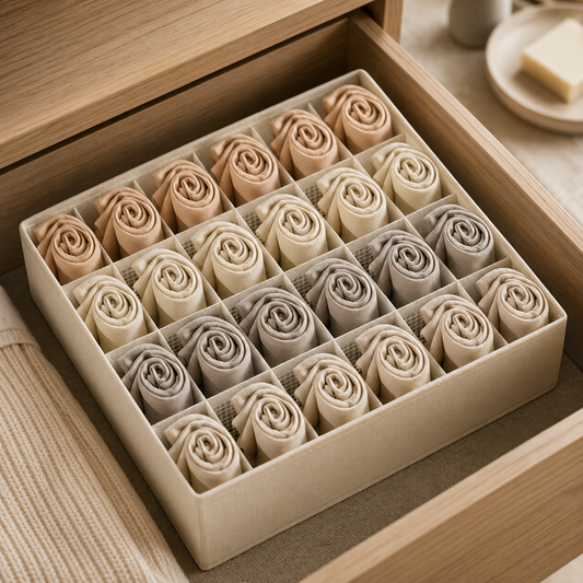 Foldable fabric sock and underwear organizer box inside an open wooden dresser drawer