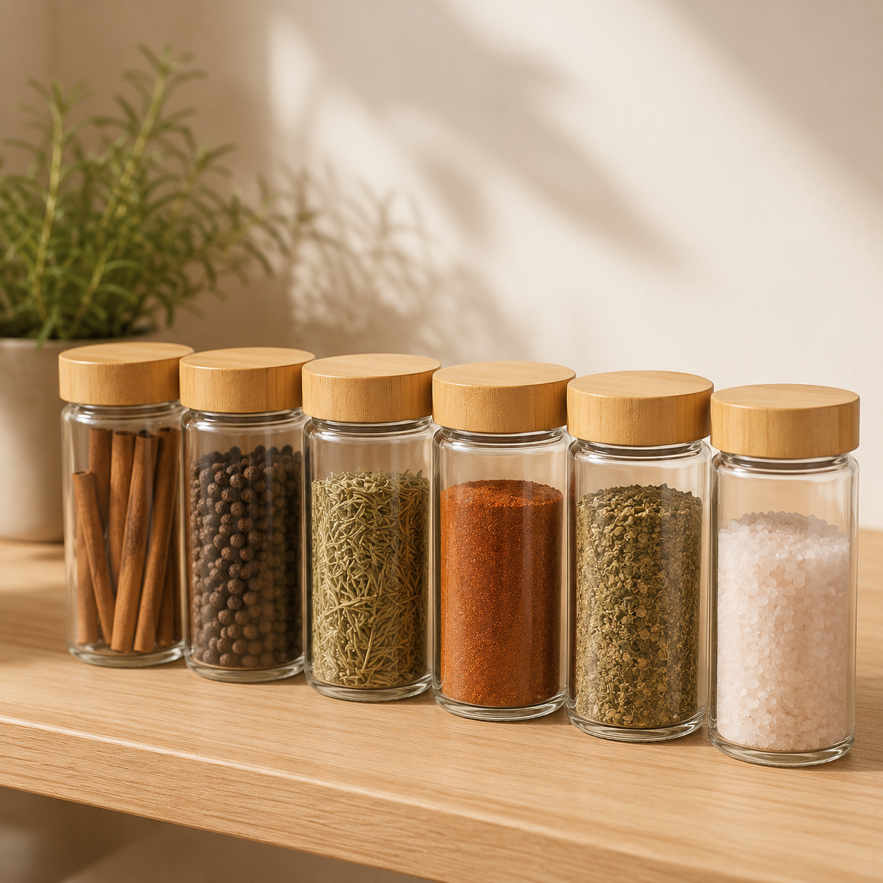 Glass spice jars with bamboo lids filled with assorted spices on a kitchen shelf