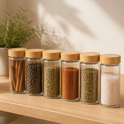 Glass spice jars with bamboo lids filled with assorted spices on a kitchen shelf
