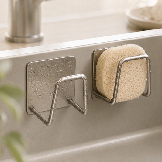Self-adhesive stainless steel kitchen sink sponge holder mounted on sink edge