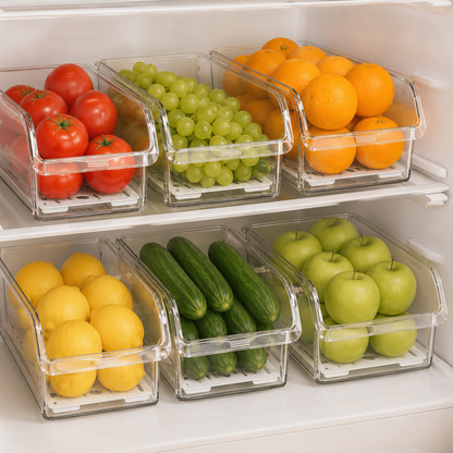 Clear stackable fridge storage bins filled with fresh fruit and vegetables