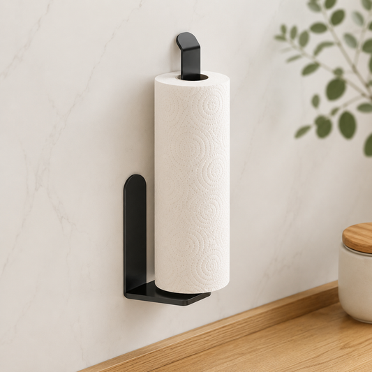 Wall-mounted self-adhesive tissue and towel holder holding a paper towel roll