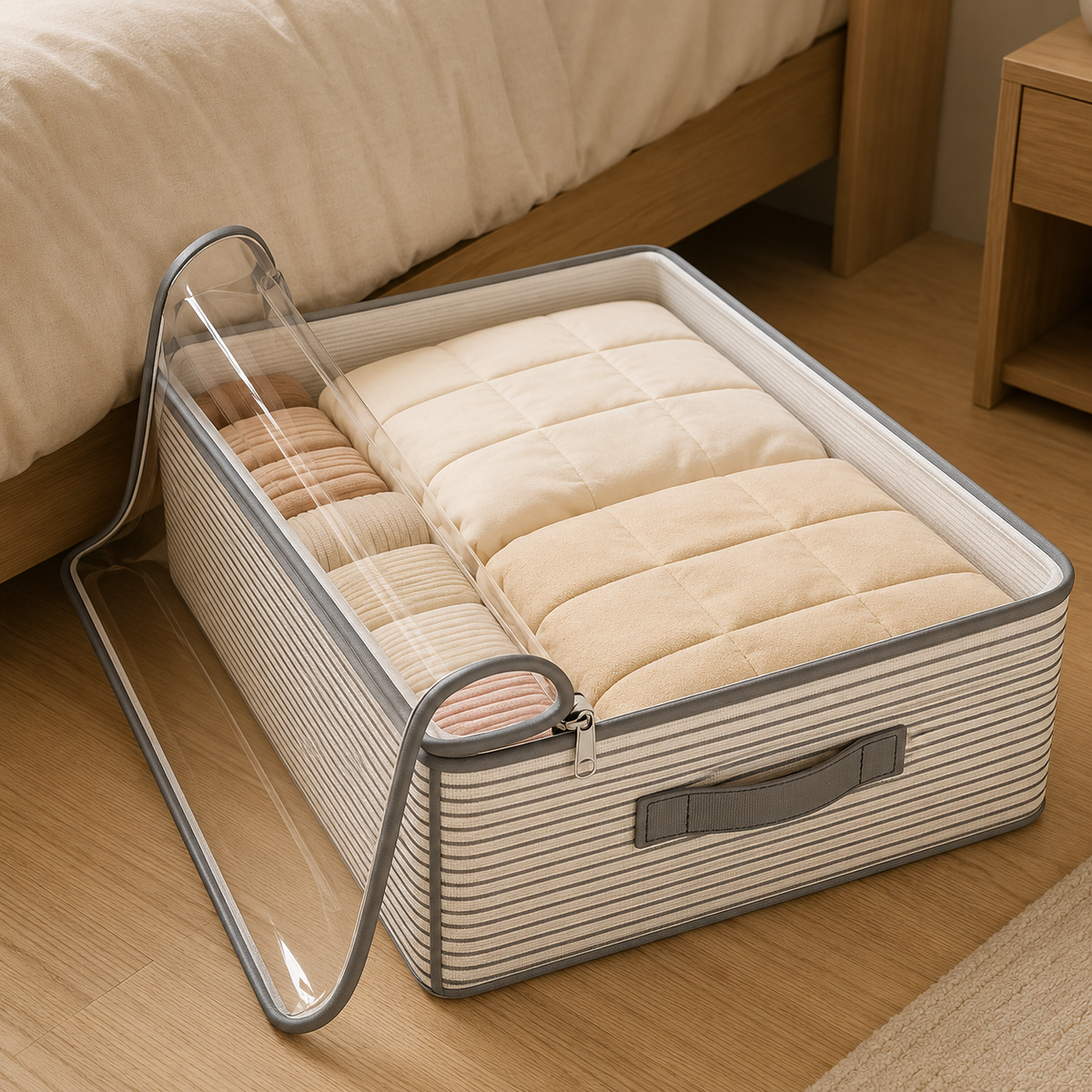 Large capacity under bed storage bag filled with folded blankets and clothes, tucked under a bed