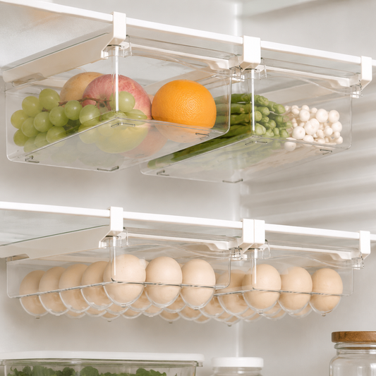 Under-shelf fridge organizer bins holding fresh fruit and eggs